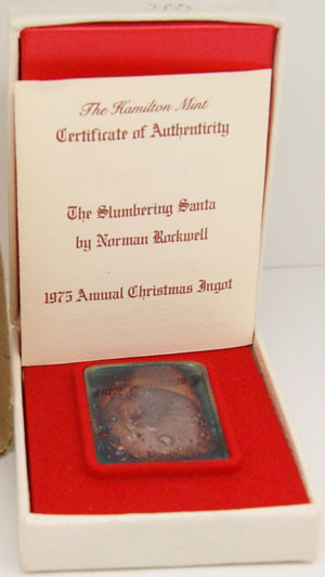 HAM-95 1975 Annual Christmas Ingot Norman Rockwell's "Slumbering Santa" Deeply Toned With COA and Box Silver Artbar