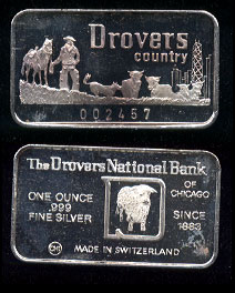 SWISS-11 Drover's National Bank of Chicago Silver Bar