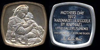 Lincoln Mint (LIN-115) 1972 Mother's Day Ingot 2000 Grains Sterling Silver (4.2 Oz) Madonna and Child by Raphael
