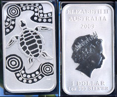 Elizabeth II Australian 1 Dollar 1 Troy oz of .999 Fine Silver Turtle 2009 Silver Art bar