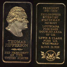 Thomas Jefferson Gold-Plated Sterling  silver  one ounce bar