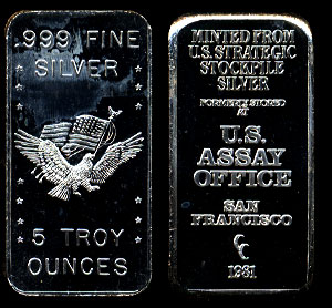 1981 Silver 5 Ounce Bar Minted from U.S. Strategic Stockpile.999 Fine