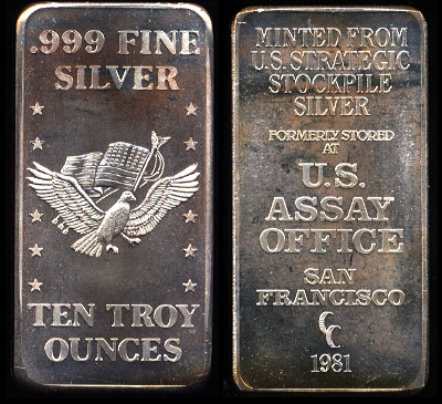 1981 10 Ounce bar Minted from U.S. Strategic Stockpile Silver .999 Fine Silver