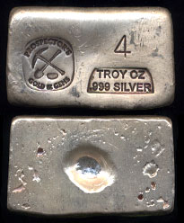 Prospector's G & G  Hand Poured 4 Troy Ounces .999 Fine Silver Loaf
