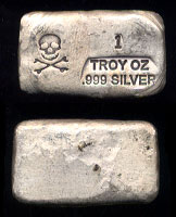 Prospector's Gold & Gems Skull & Crossedbones Hand Poured  1 Troy Ounce .999 Fine Silver Loaf