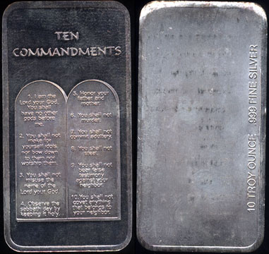 Ten Commandments 10 Troy Ounces .999 Fine Silver Bar
