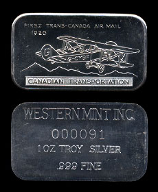 WMI - 2  First Trans-Canada Air Mail Silver Art bar