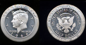 John F Kennedy Half Dollar Commemerative Rd One Troy Ounce .999 Silver 